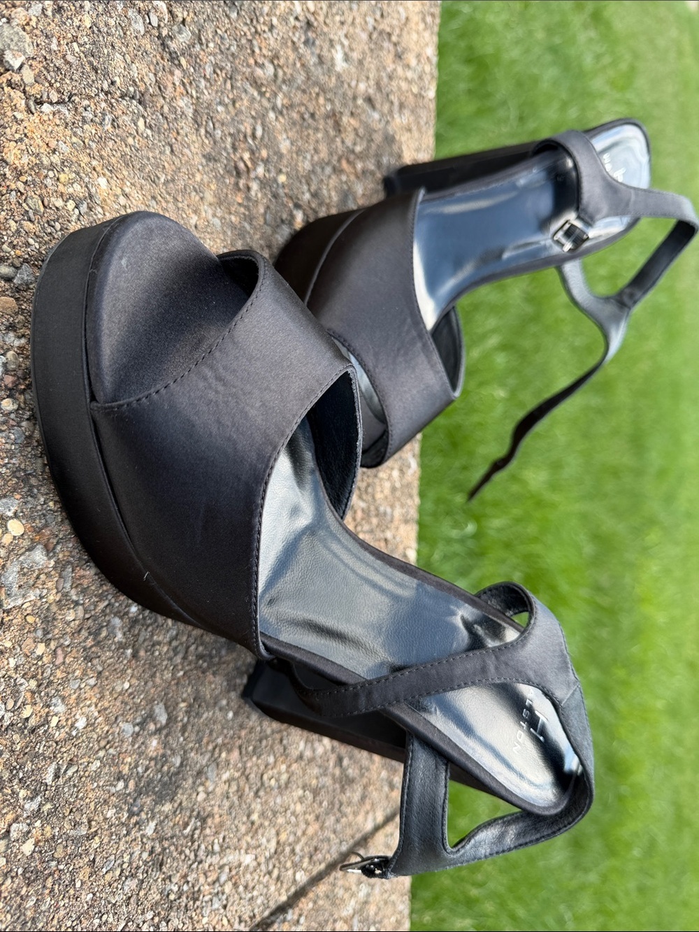 H by Halston Black Satin Platform Ankle-Strap Sandals